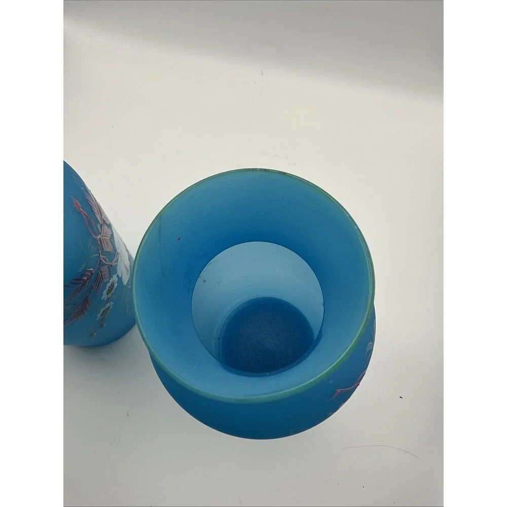 Pair Vintage Blue Satin Glass Floral Vases Hand Painted Frosted 6.5